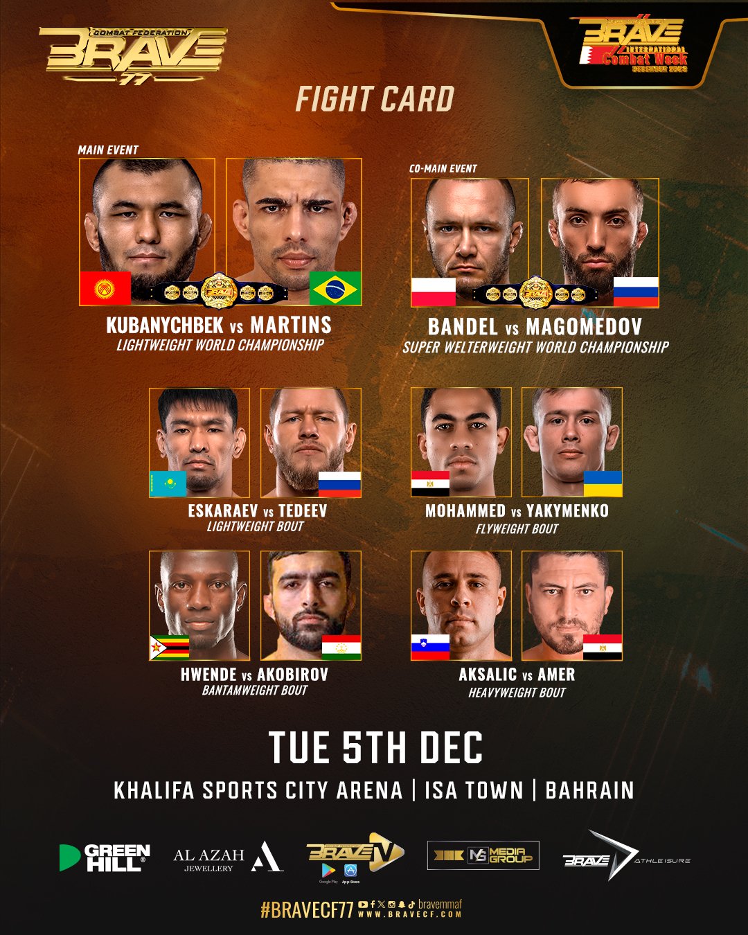 BRAVE CF 77 full fight card announced as two title fights kick off biggest International Combat Week