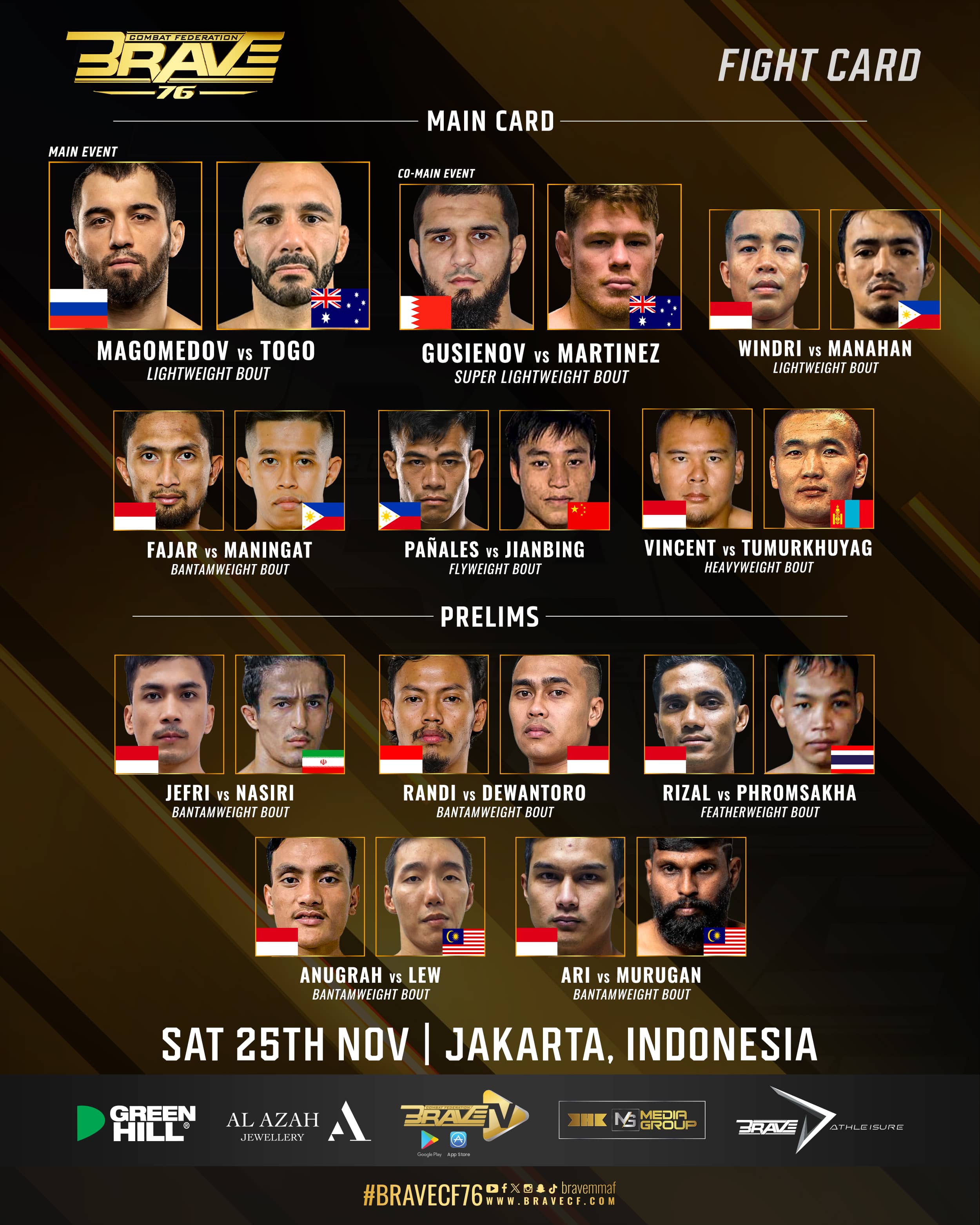 Official fight card for BRAVE CF 76 in Indonesia announced with 10 nations represented