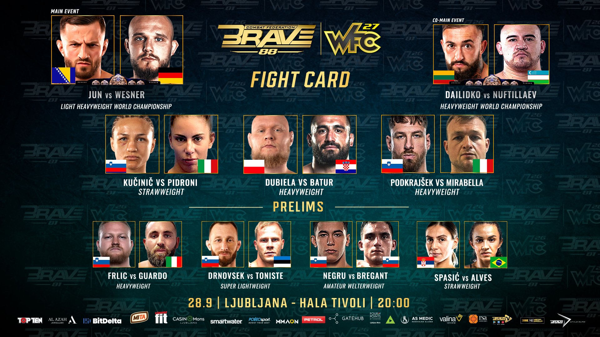Two titles on the line, 11 nations represented: BRAVE CF releases full fight card for mega event in Slovenia