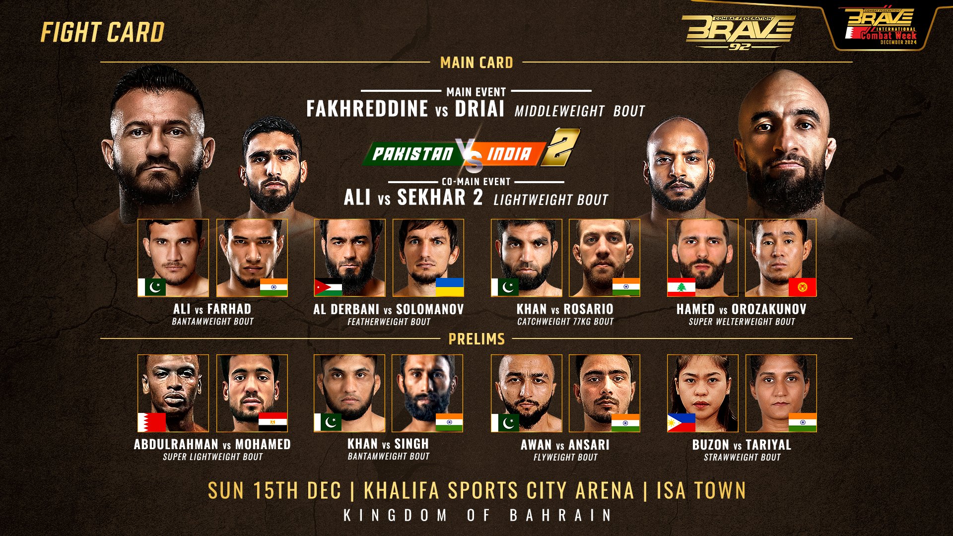 Arab Legends and India vs Pakistan 2: BRAVE 92 Caps Off Year with Stacked Fight Card in Bahrain