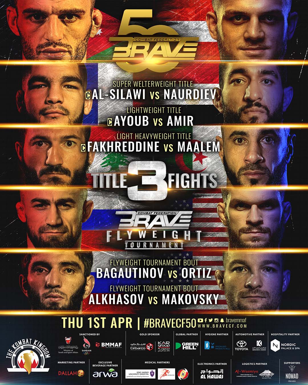 BRAVE CF 50 official poster released, highlighting three title fights and Flyweight tournament