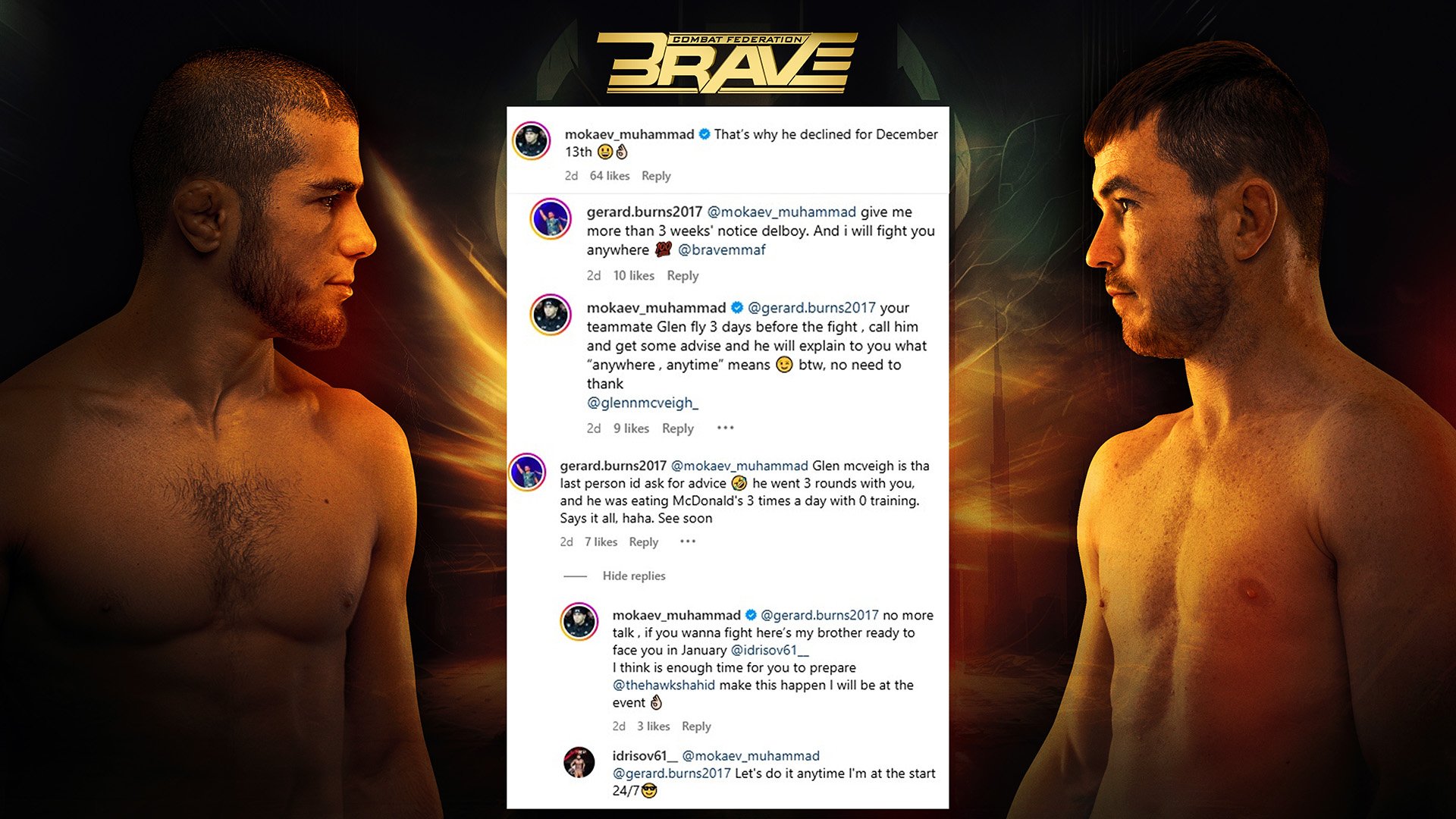 Mokaev Gets on Heated Social Media War with Gerard Burns Ahead of BRAVE CF 91 Comeback Fight