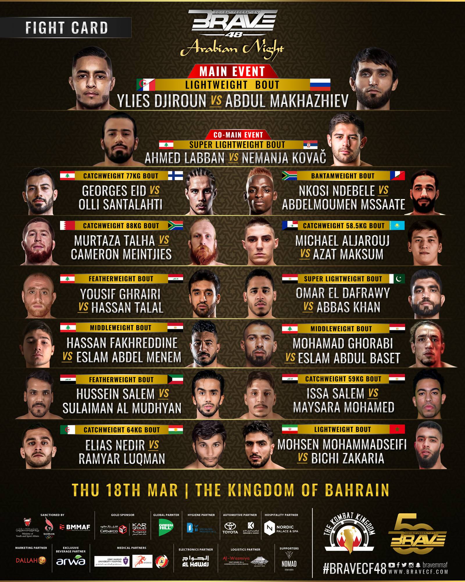 BRAVE CF Releases Updated Arabian Night Fight Card With 15 Nations Represented