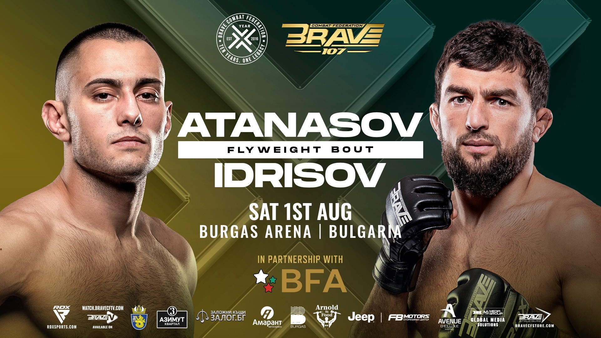 Nikolay Atanasov and Magomed Idrisov face off ahead of their BRAVE CF 107 flyweight bout at Burgas Arena in Bulgaria.