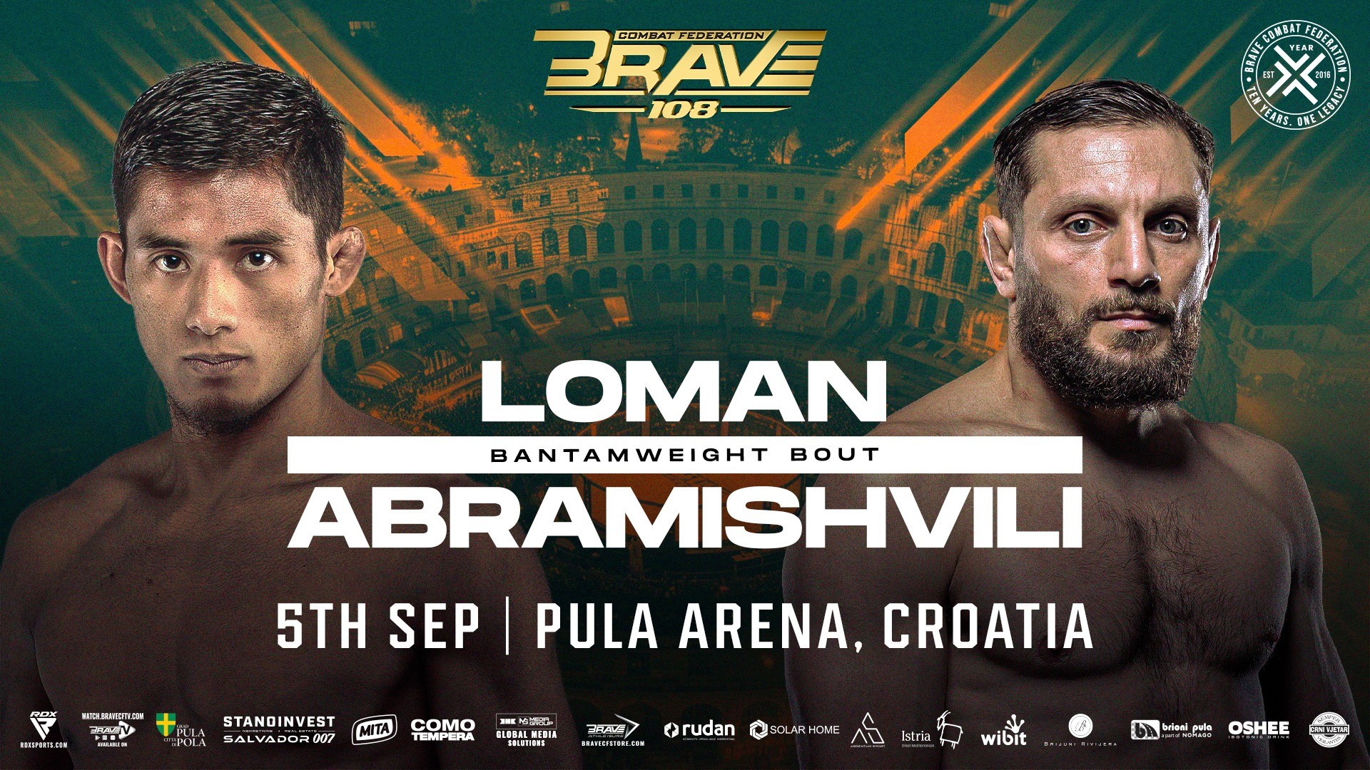 Stephen Loman and Lasha Abramishvili face off ahead of their BRAVE CF 108 bantamweight showdown at Pula Arena in Croatia.