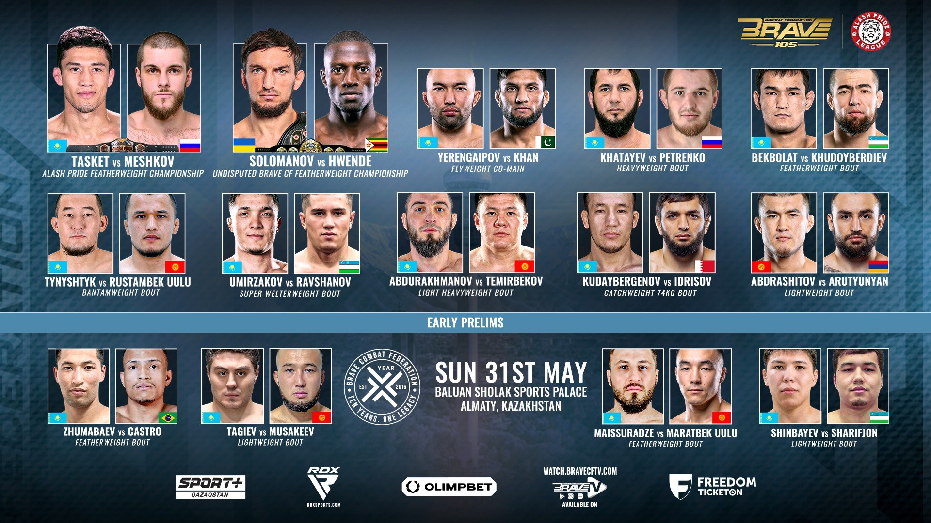FULL CARD ANNOUNCED FOR BRAVE CF 105 IN KAZAKHSTAN