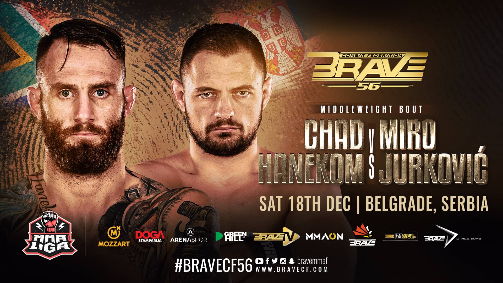 Chad Hanekom returns against hometown hero Miro Jurkovic at BRAVE CF 56 in Serbia