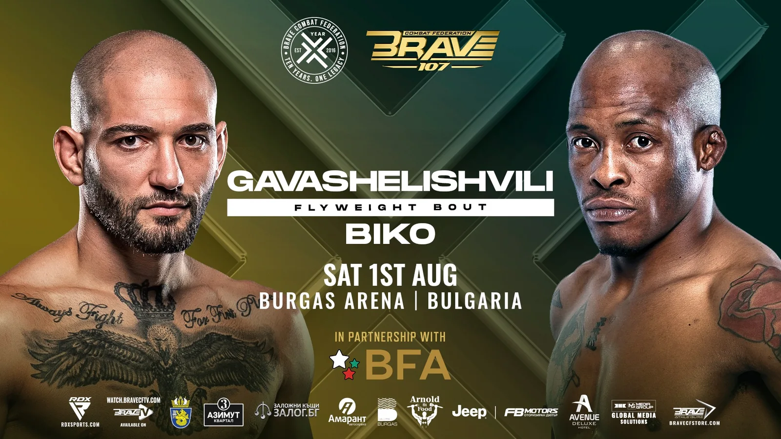Bidzina Gavashelishvili and Luthando Biko face off ahead of the BRAVE CF 107 flyweight co-main event at Burgas Arena in Bulgaria.