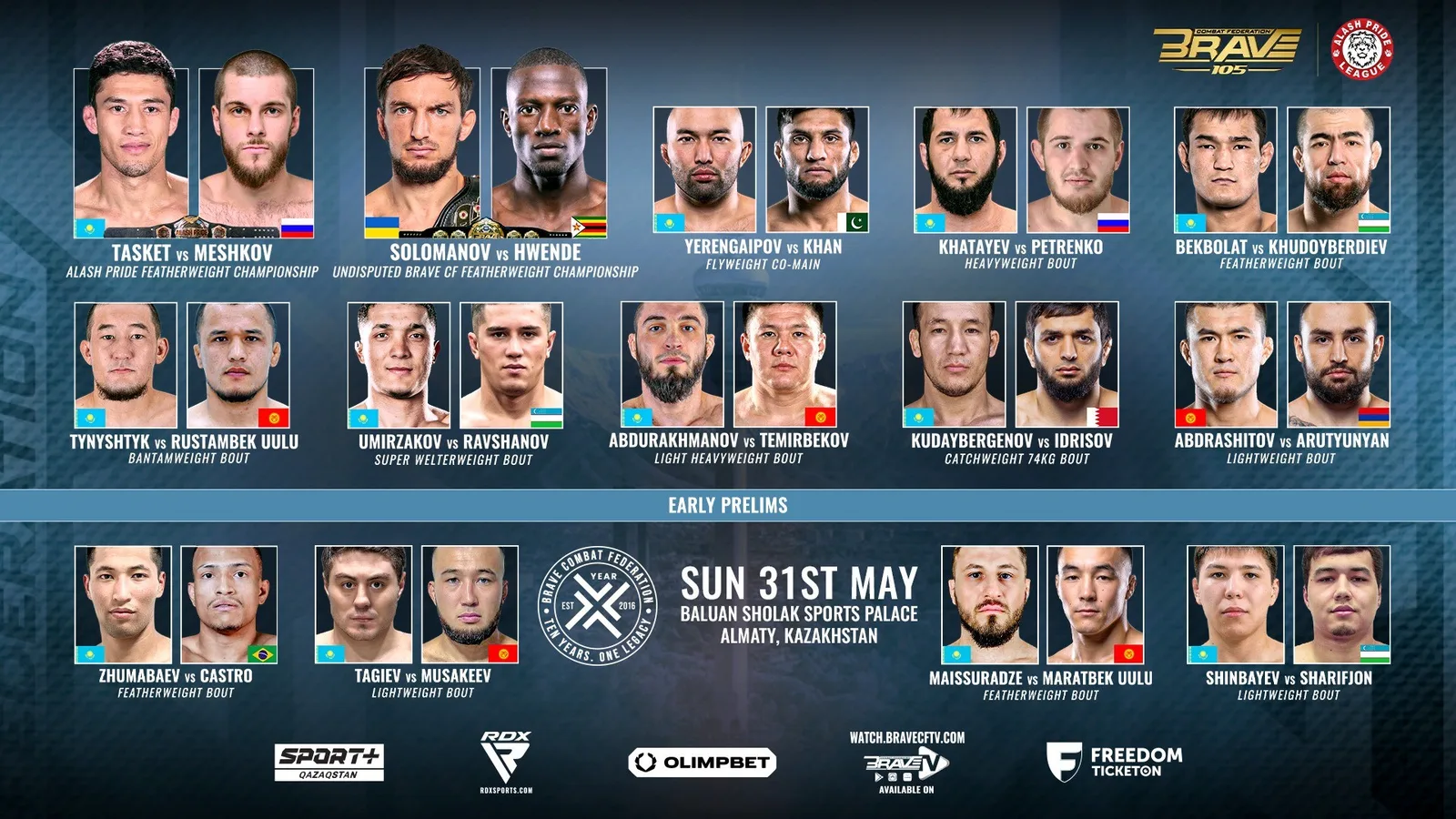 FULL CARD ANNOUNCED FOR BRAVE CF 105 IN KAZAKHSTAN