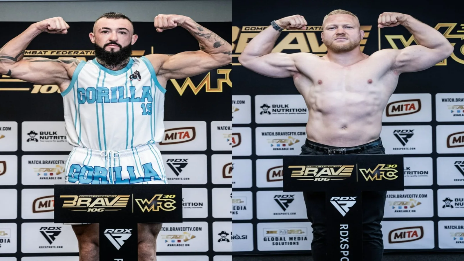 BRAVE CF 106 fighters face off during official weigh-ins ahead of the championship event at Hala Tivoli in Ljubljana, Slovenia.