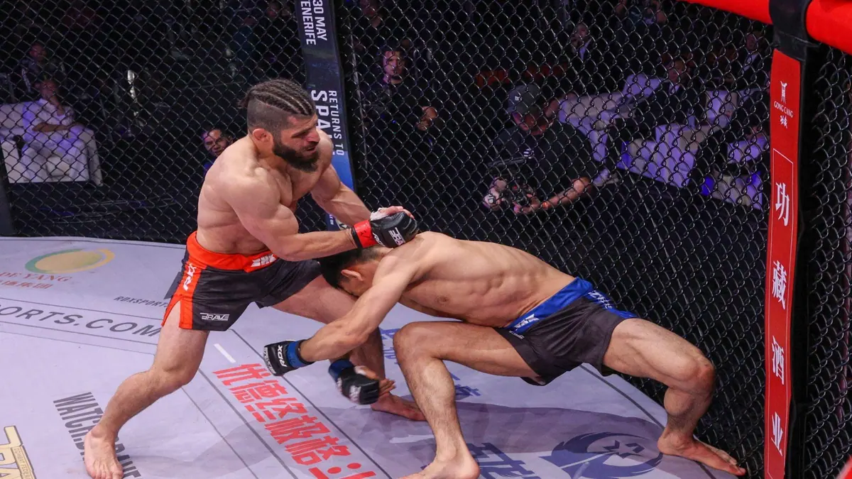 Pavel Dailidko lands strikes against Miha Frlic during their BRAVE CF 106 heavyweight championship main event in Ljubljana, Slovenia.