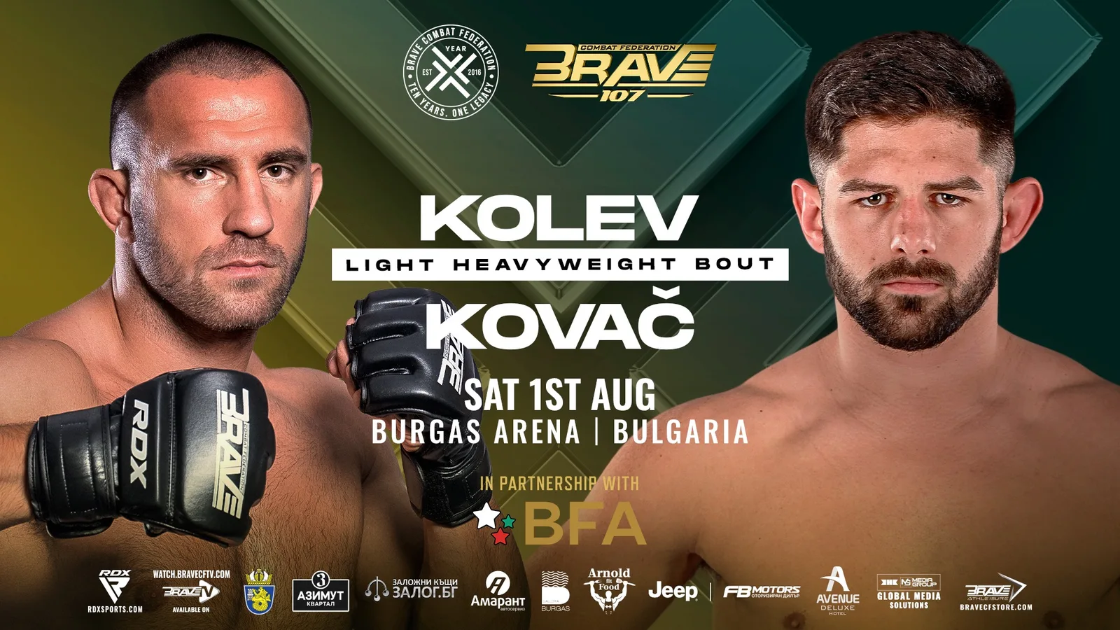 Kaloyan Kolev and Nemanja Kovac face off ahead of the BRAVE CF 107 light heavyweight main event at Burgas Arena in Bulgaria.