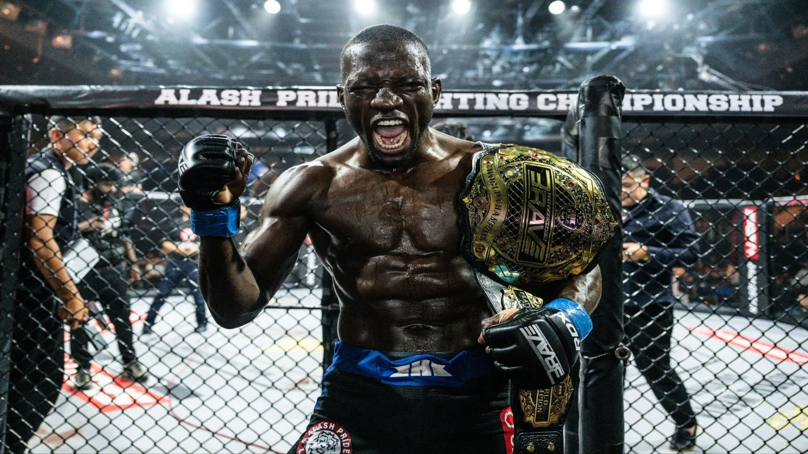 Nicholas Hwende celebrates after becoming the undisputed BRAVE CF Featherweight World Champion at BRAVE CF 105, with multiple future title opportunities ahead.